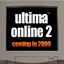 A frame from the Ultima Online 2 trailer in Ultima IX of a CRT PC monitor with text reading "ultima online 2 coming in 2000"